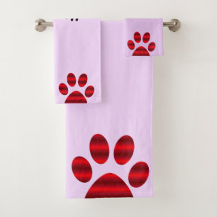 Red Gradient Paw Prints Bath Towel Set