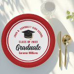 Red Graduate Personalized 2025 Graduation Party Paper Plates<br><div class="desc">These modern red and white custom graduation party plates feature classy typography of your university or college name for the class of 2025. Customize with your graduating year next to the chic handwritten script and black grad cap for great personalized congratulations graduate party decor.</div>