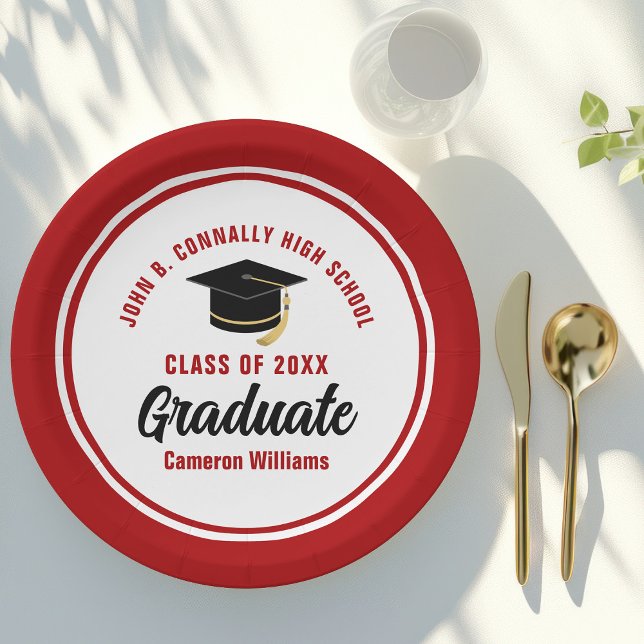 Red Graduate Personalized 2025 Graduation Party Paper Plates (Creator Uploaded)