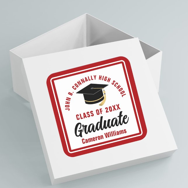 Red Graduate Personalized Graduation Party Square Sticker (Creator Uploaded)