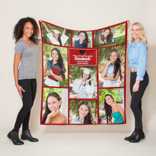 Red Graduate Photo Collage Custom 2024 Graduation Fleece Blanket
