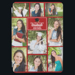 Red Graduate Photo Collage Custom 2024 Graduation iPad Air Cover<br><div class="desc">This modern red senior graduate photo collage notebook features your favorite 9 student photographs. This graduation design features classy white typography of your high school or college name for the class of 2024. Customize this keepsake gift with your graduating year below the black grad cap. It features 2 horizontal pictures,...</div>