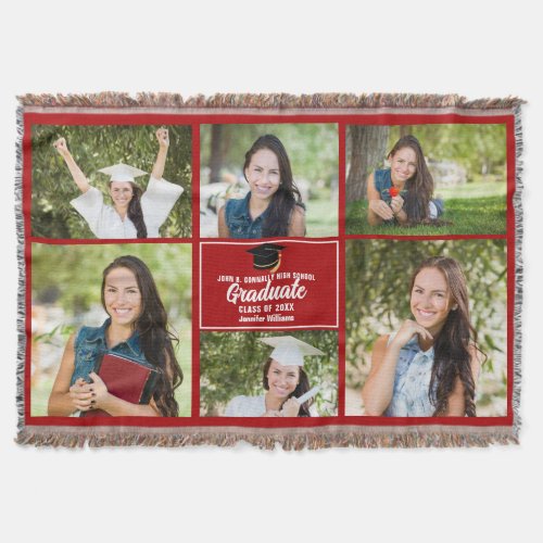 Red Graduate Photo Collage Custom 2024 Graduation Throw Blanket