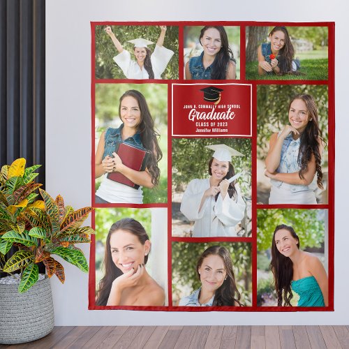 Red Graduate Photo Collage Custom Graduation Party Tapestry