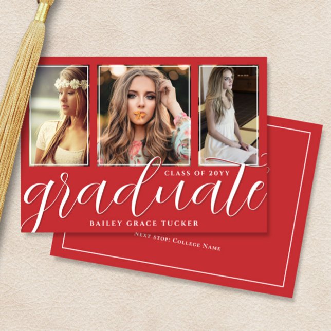 Red Graduate Script 3-Photo Graduation Announcement (Creator Uploaded)