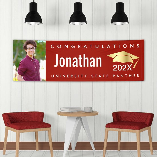 Red graduation 1 photo gold cap modern bold simple banner (Creator Uploaded)