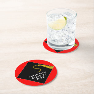 Red Graduation 2025 Round Paper Coaster