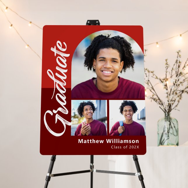 Red Graduation 3 Photo Bold Arch Script Modern Foam Board (In Situ (Stand))