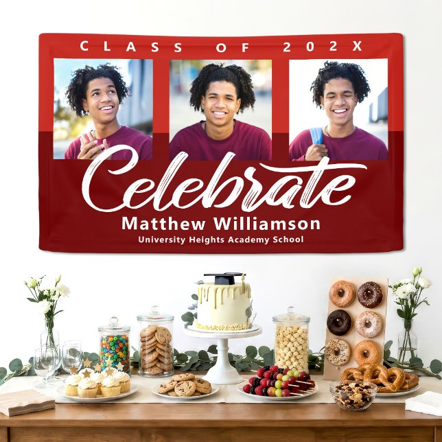 Red Graduation 3 Photo Bold Script Modern Minimal Banner (Creator Uploaded)