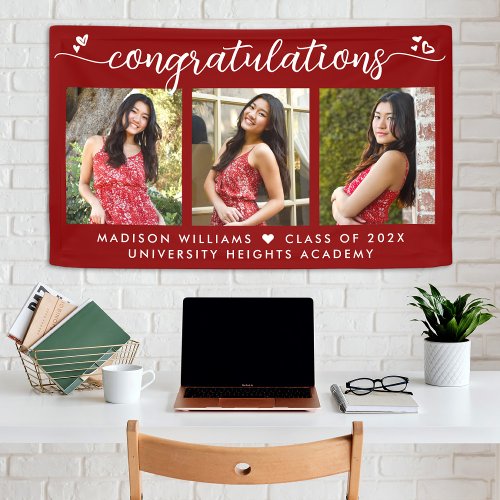 Red Graduation 3 Photo Modern Calligraphy Hearts Banner