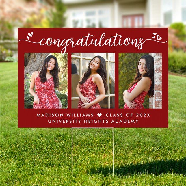 Red Graduation 3 Photo Modern Script Hearts Yard Sign (Creator Uploaded)
