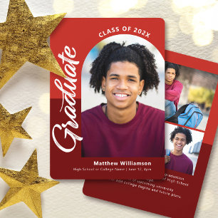 Red Graduation 4 Photo Bold Arch Script Modern Announcement
