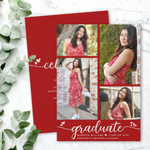 Red Graduation 4 Photo Modern Calligraphy Hearts Announcement