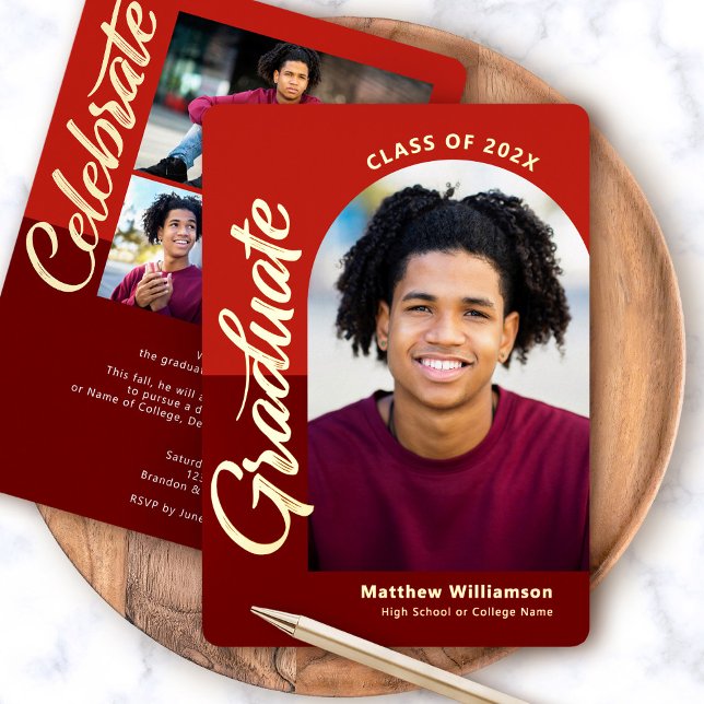 Red Graduation 4 Photo Script Arch Party Real Gold Foil Invitation (Creator Uploaded)