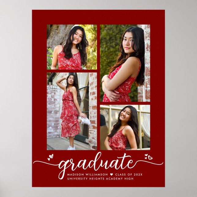 Red Graduation 4 Photo Script Hearts Modern Girly Poster (Front)