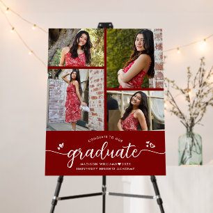 Red Graduation 4 Photo White Script Hearts Modern Foam Board