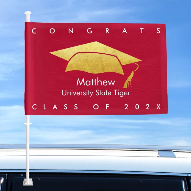 Red Graduation Bold Modern Simple Graphic Gold Cap Car Flag (Creator Uploaded)