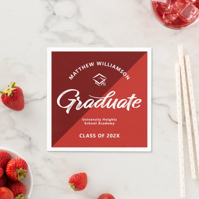 Red Graduation Bold Retro Script Cap Icon Minimal Napkins (Insitu)