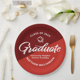 Red Graduation Bold Retro Script Cap Icon Minimal Paper Plates