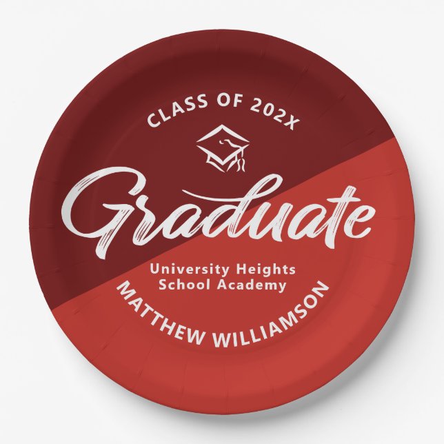 Red Graduation Bold Retro Script Cap Icon Minimal Paper Plates (Front)