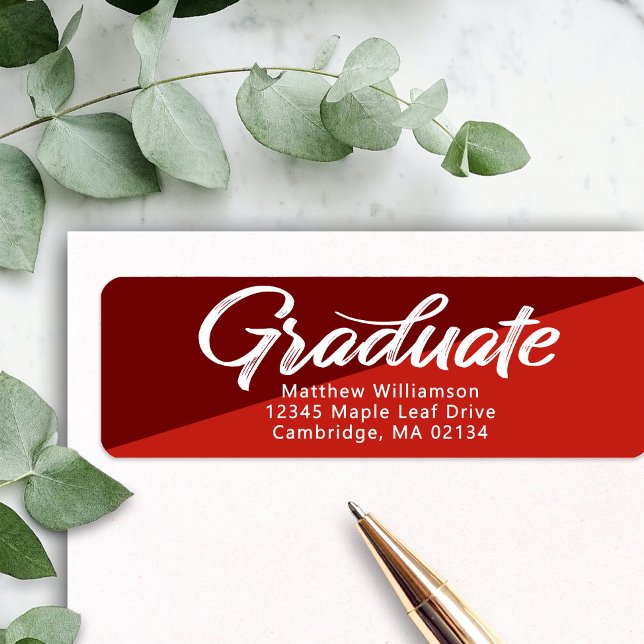 Red Graduation Bold Script Simple Modern Address Label (Creator Uploaded)