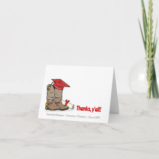 Red Graduation Cap and Cowboy Boot Thank You Card | Zazzle
