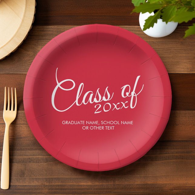 Red Graduation Cap Class of Year and Text Paper Plates (Custom Graduation Plates)