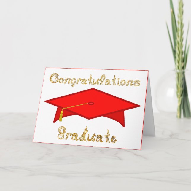 Red Graduation Cap Gold Glitter Party Hat or Card (Front)