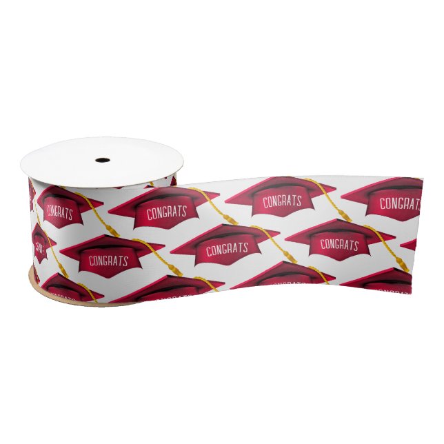 Red Graduation Caps with Congrats Text Satin Ribbon (Spool)