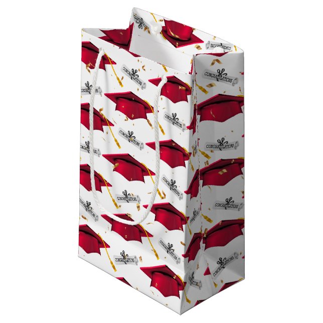 Red Graduation Caps with Diplomas Small Gift Bag (Front Angled)