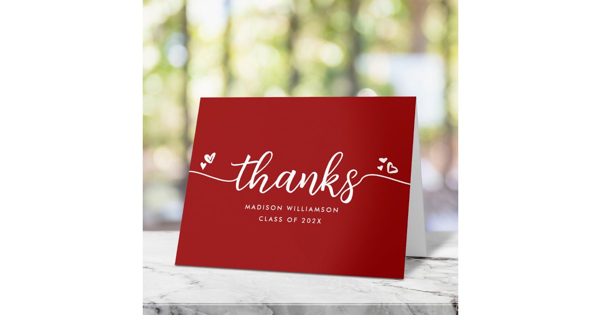 Red Graduation Chic Modern Elegant Script Hearts Thank You Card | Zazzle