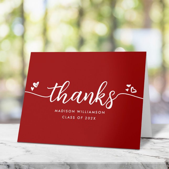 Red Graduation Chic Modern Elegant Script Hearts Thank You Card (Creator Uploaded)