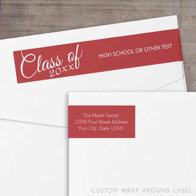 Red Graduation Class of Custom Year and Text Wrap Around Label | Zazzle