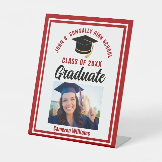 Red Graduation Custom Graduate Photo Party Pedestal Sign (Front)