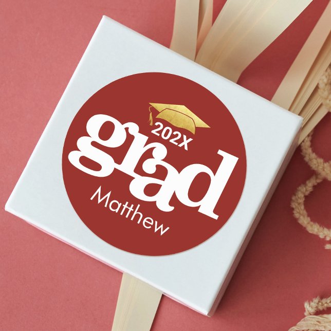 Red Graduation Gold Simple Bold Modern Typography Classic Round Sticker (Creator Uploaded)