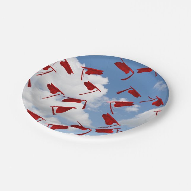 red graduation hats in sky paper plates (Angled)