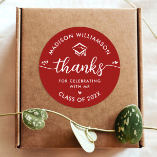 Red Graduation Modern Thank You Script Hearts Cap Classic Round Sticker