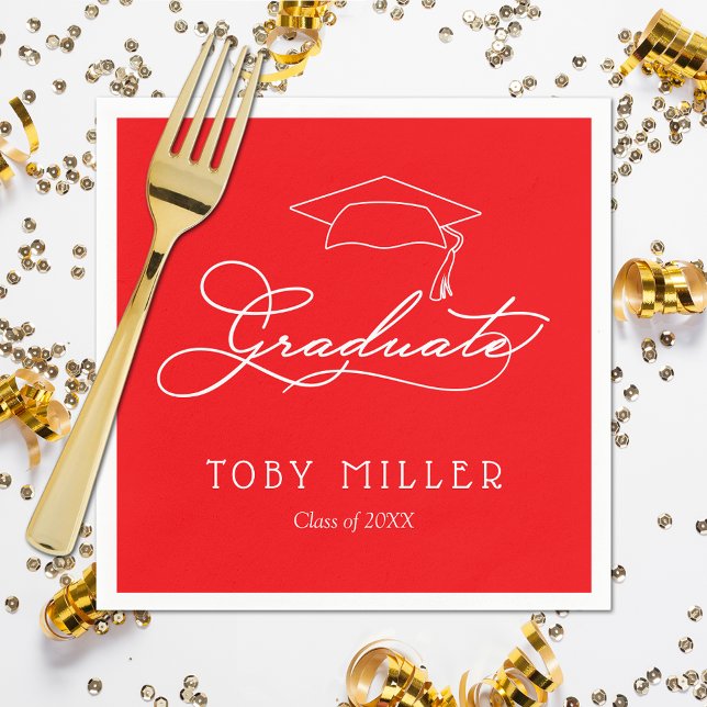 Red Graduation Party Napkins (White script grad cap on red personalized graduation party napkins, paper plates in our store)