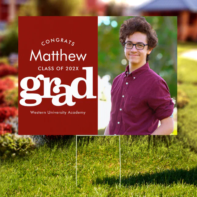 Red graduation photo bold graphic modern yard sign | Zazzle