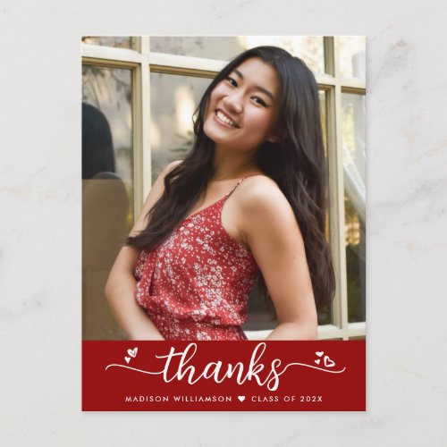 Red Graduation Photo Chic Script Hearts Thank You Postcard