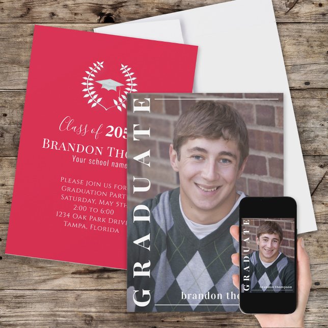 Red Graduation Photo Custom Classic  Invitation (Creator Uploaded)