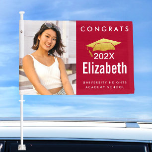 Red graduation photo gold cap bold type modern car flag