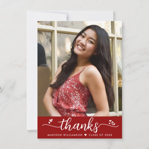 Red Graduation Photo Modern Script Elegant Hearts Thank You Card