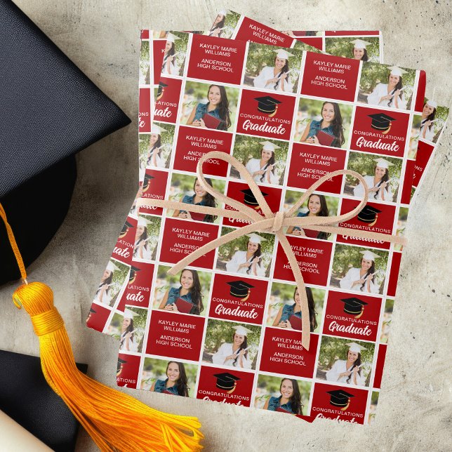 Red Graduation Photo Personalized Graduate Wrapping Paper Sheets (Creator Uploaded)
