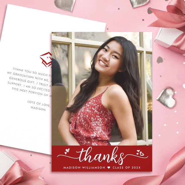 Red Graduation Photo Script Elegant Hearts Modern Thank You Card (Creator Uploaded)