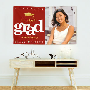 Red graduation photo simple gold cap bold modern banner