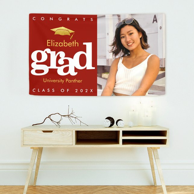 Red graduation photo simple gold cap bold modern banner (Creator Uploaded)