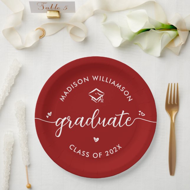 Red Graduation Script Hearts Cap Icon Modern Bold Paper Plates (Wedding)