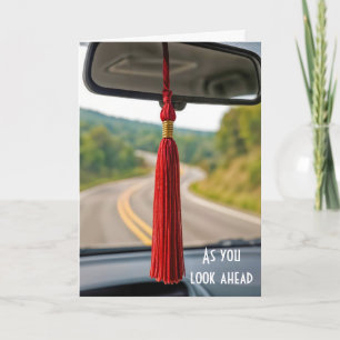 Red Graduation Tassel On Rear View Car Mirror Card