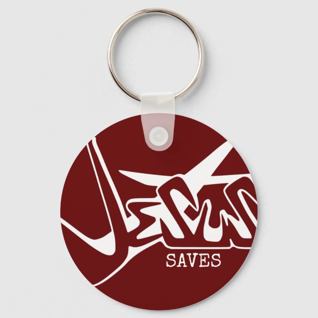 Red Graffiti Jesus Saves Keychain (Front)